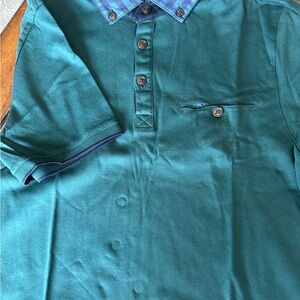 Ted Baker Teal Short-Sleeve Polo with Plaid Accent Collar